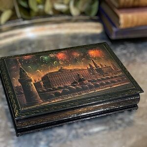 Vintage Fedoskino Signed Black Lacquer Russian Trinket Box Architecture